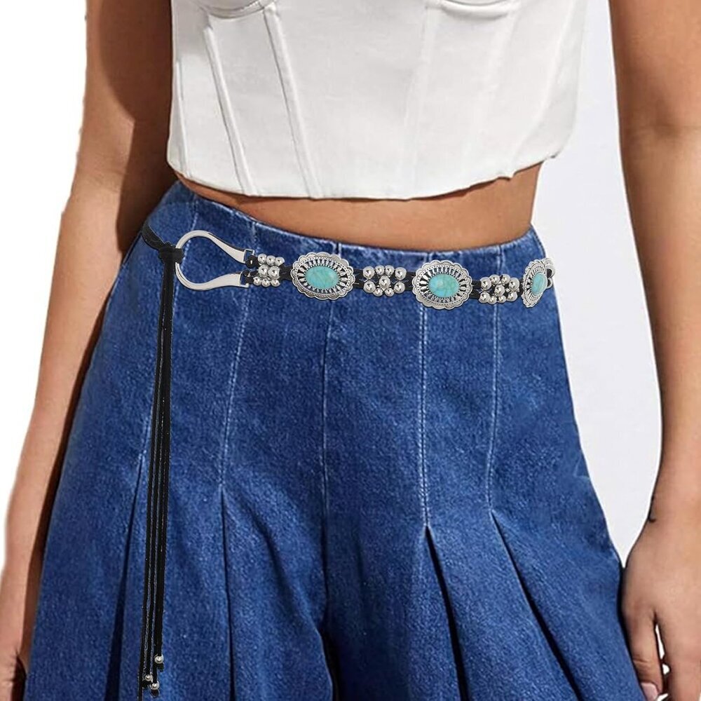 Concho Belt Turquoise Chain Western Waist Belt for Women Dresses Cowgirl - Picture 6 of 7
